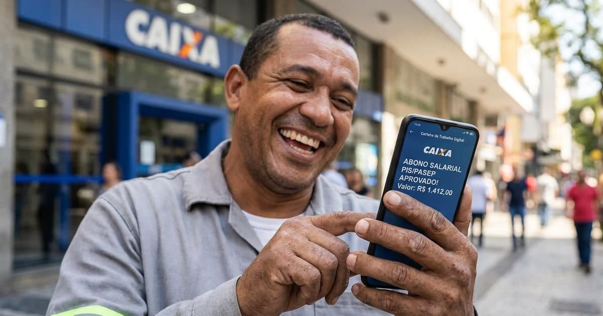 Trabalhador brasileiro consultando o abono salarial PIS PASEP na Carteira de Trabalho Digital no celular, expressao de satisfacao, ao fundo agencia da Caixa desfocada