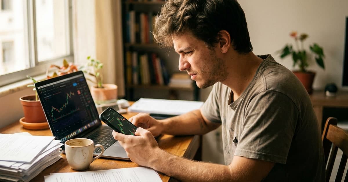 Homem brasileiro jovem em casa olhando o app da bolsa de valores no celular e graficos no notebook, expressao concentrada, cafe sobre a mesa, luz natural da janela