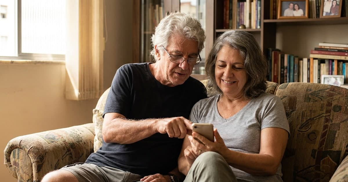 Casal brasileiro de cerca de 60 anos no sofá de casa olhando o celular juntos – aposentadoria 2026 regras idade tempo de contribuição quanto recebe