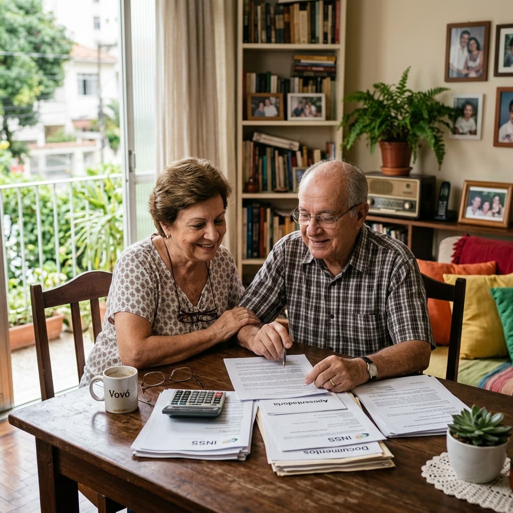 Idoso brasileiro sorrindo com cartão do INSS e documentos — aposentadoria 2026 idade mínima tempo contribuição quanto receber