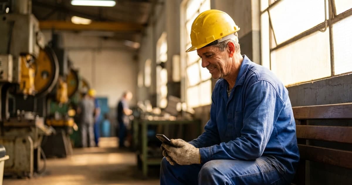 Trabalhador industrial brasileiro de meia-idade com uniforme e capacete em fabrica, expressao serena, consultando o celular sobre aposentadoria, luz natural