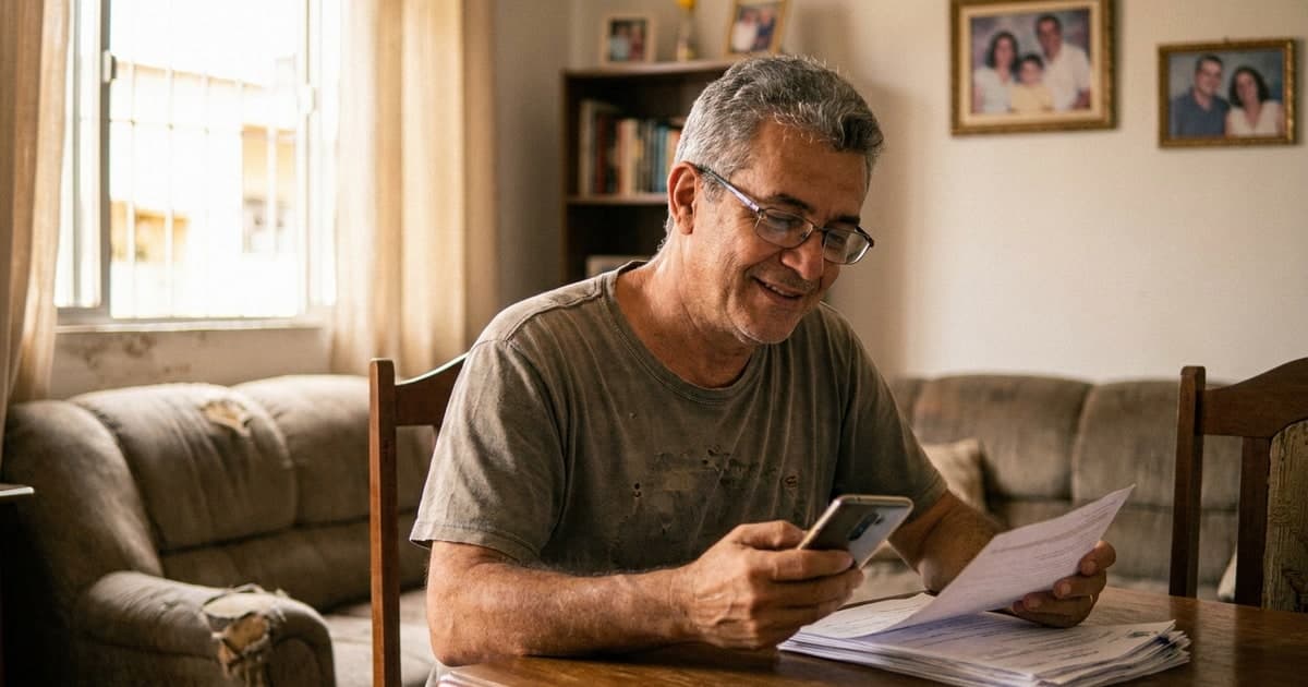 Homem brasileiro de 50 e poucos anos em casa, sentado, analisando documentos e o celular com expressao serena e esperancosa, luz natural pela janela