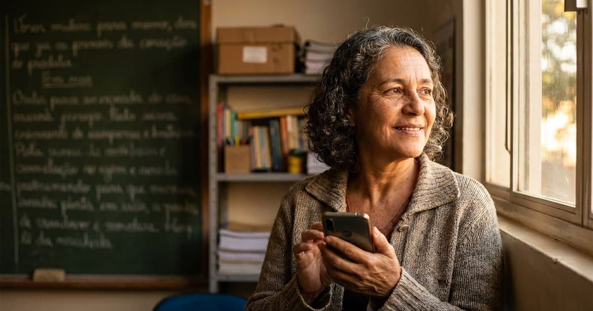Professora brasileira de meia-idade sorrindo na sala de aula com material escolar ao fundo, segurando o celular, expressao serena de quem planeja a aposentadoria, luz natural