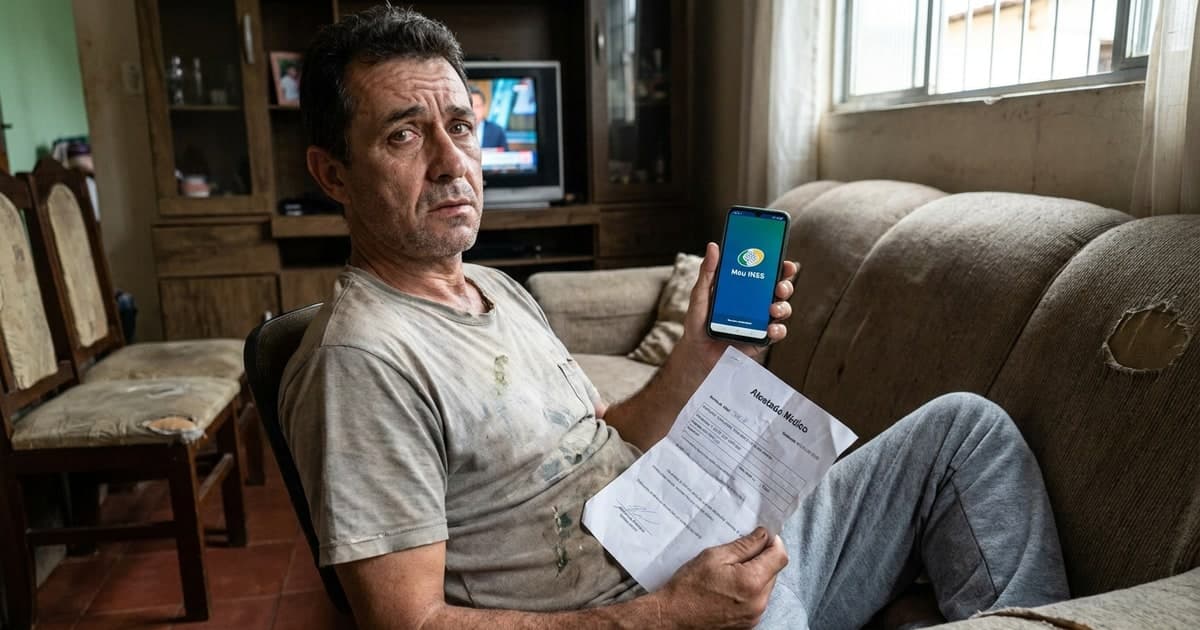 Trabalhador brasileiro em casa afastado por doenca, descansando no sofa com atestado medico na mao e celular ao lado consultando beneficio do INSS, expressao de preocupacao e esperanca