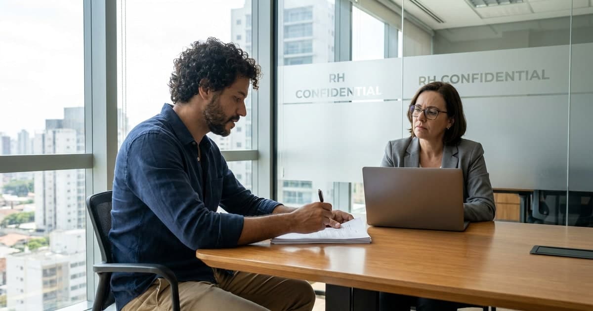 Trabalhador brasileiro em escritório assinando carta de aviso prévio com recursos humanos ao fundo