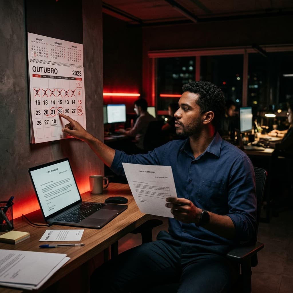 Trabalhador brasileiro analisando documentos de rescisão e calendário – aviso prévio 2026 proporcional 90 dias cálculo CLT