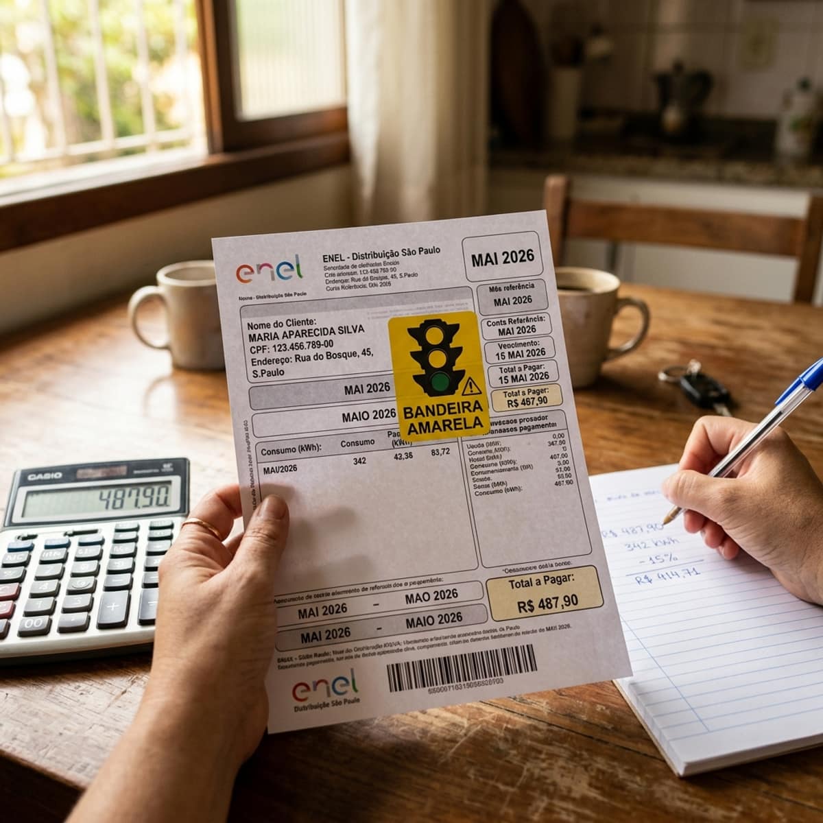 Conta de energia elétrica com calculadora e bandeira amarela – bandeira tarifária amarela maio 2026 conta luz mais cara como calcular desconto