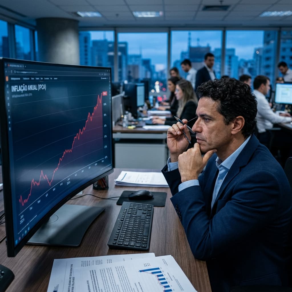 Economista brasileiro analisando gráfico de inflação IPCA em monitor – Boletim Focus projeção 4,89% 2026 meta CMN Selic