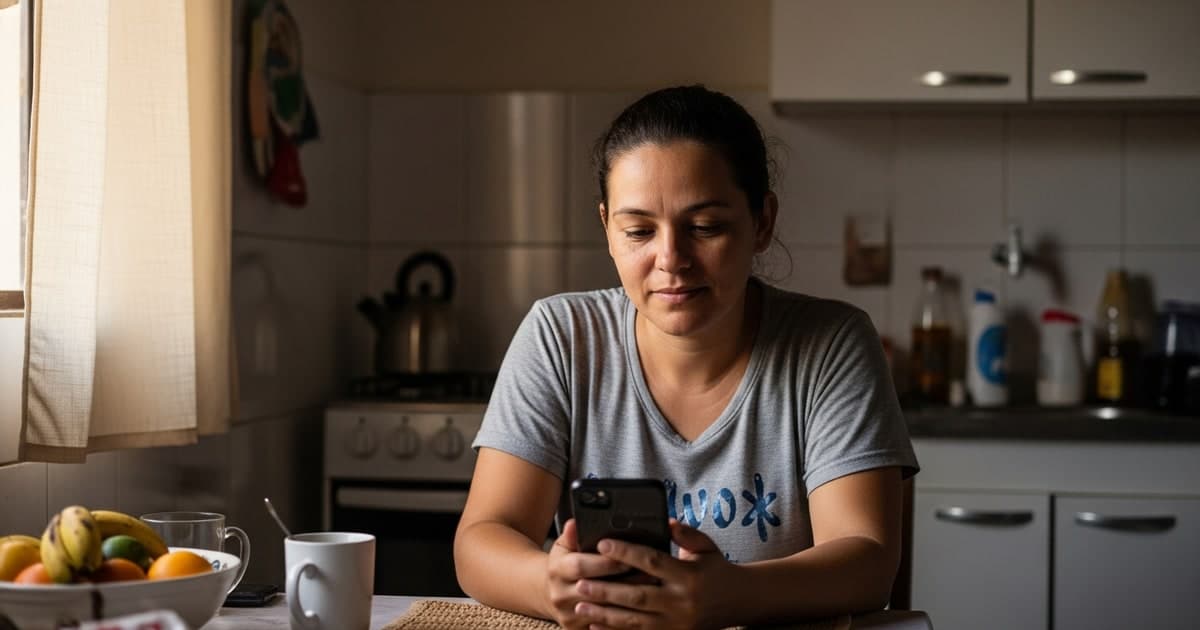 Mãe brasileira com dois filhos pequenos consultando o celular na cozinha de casa — Bolsa Família 2026 quem tem direito valor R$ 600 calendário de pagamento CadÚnico