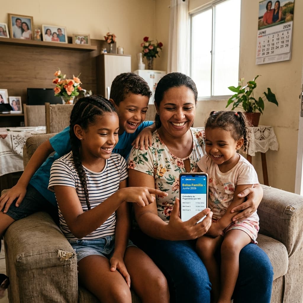 Família brasileira acessando benefício no celular – Bolsa Família junho 2026 calendário pagamento NIS valor Caixa Tem