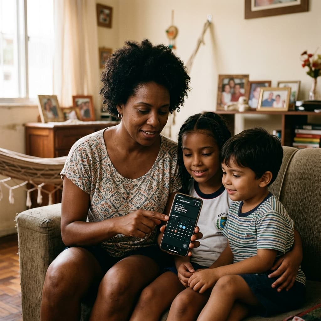 Mãe brasileira com filhos verificando calendário de pagamentos do Bolsa FamÃlia no celular — benefÃcio maio 2026 NIS calendário oficial