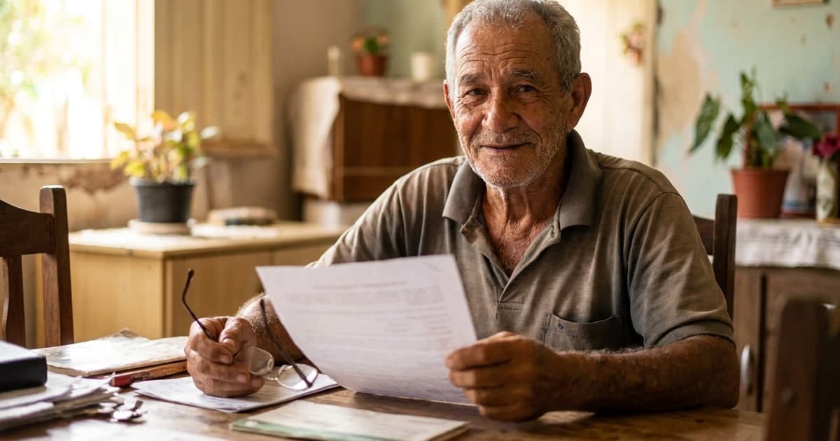 Idoso brasileiro de baixa renda sentado em casa olhando documentos com expressão serena — BPC LOAS 2026 quem tem direito valor R$ 1.621 como solicitar INSS