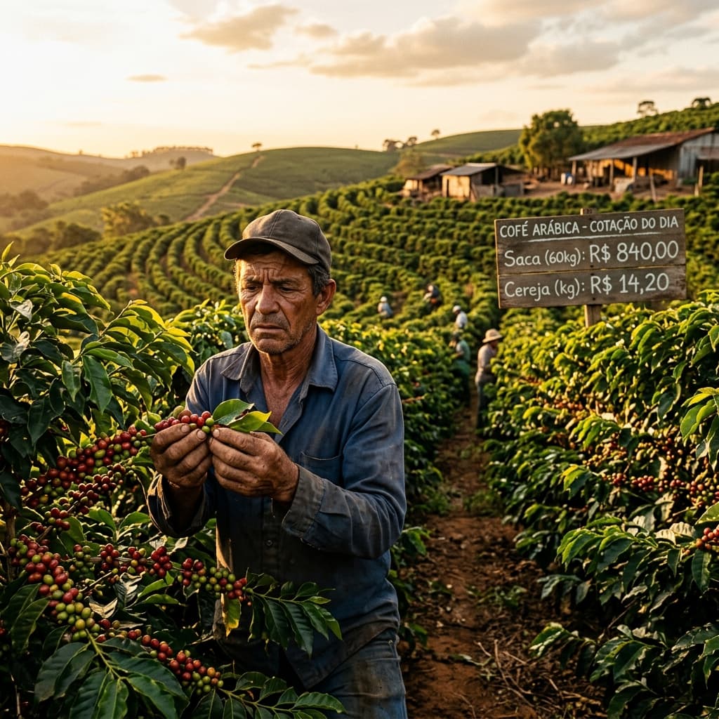 Agricultor brasileiro em plantação de café arábica inspecionando grãos ao entardecer — preço R$ 2.000 saca impacto supermercado consumidor 2026