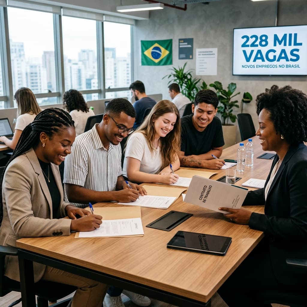 Jovens brasileiros assinando contrato de trabalho – CAGED março 2026 resultado 228 mil empregos formais criados mercado trabalho Brasil