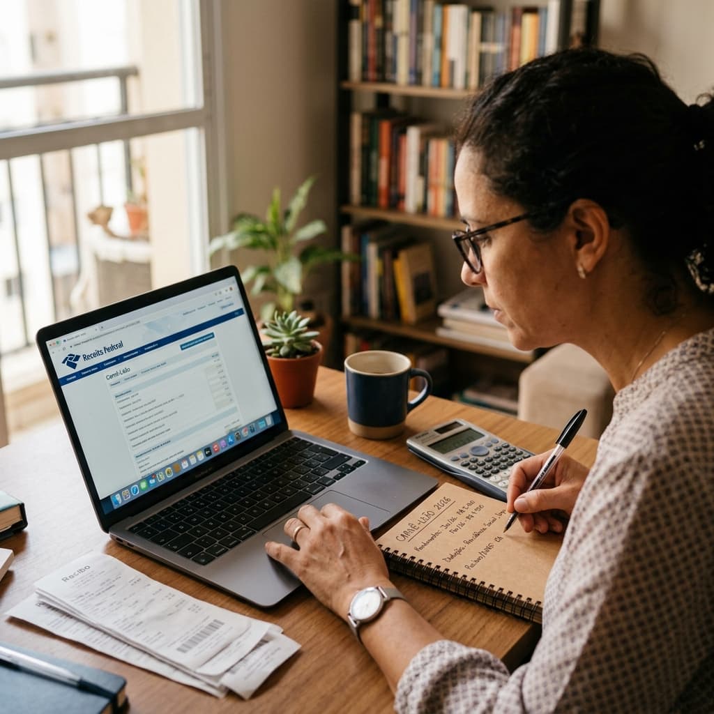 Freelancer com laptop e caderno com anotações de declaração de imposto – carnê-leão 2026 autônomo IR mensal como pagar
