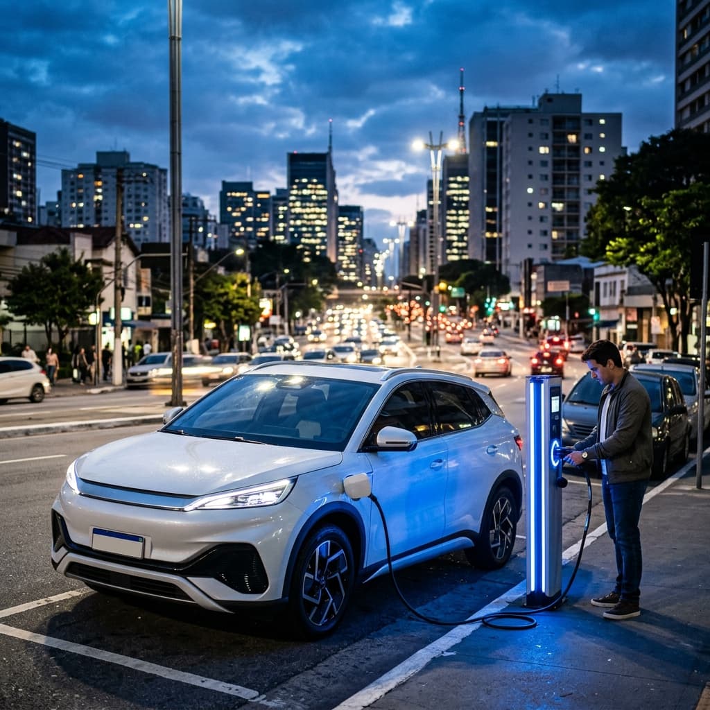 SUV elétrico carregando em posto urbano – carros elétricos Brasil 2026 crescimento Fenabrave recorde