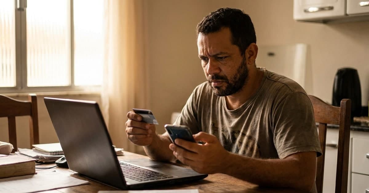 Consumidor brasileiro em casa olhando o cartao de credito e a fatura no celular com expressao analitica, notebook sobre a mesa, luz natural