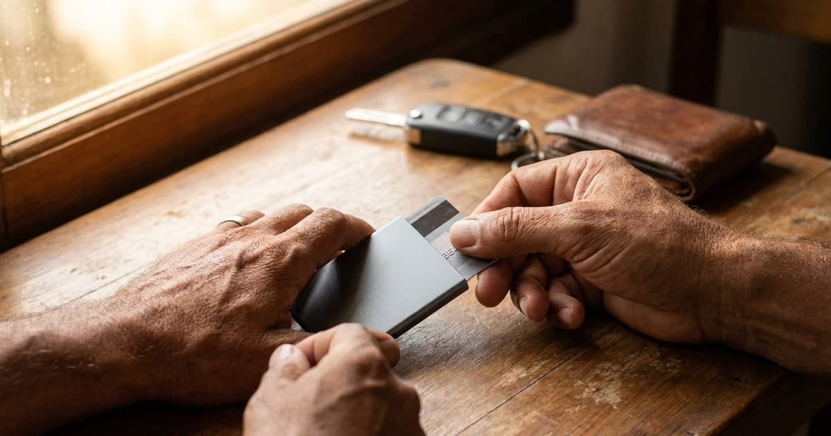 Brasileiro adulto guardando cartao de credito em carteira slim com protecao RFID, close nas maos sobre mesa de madeira, luz natural quente
