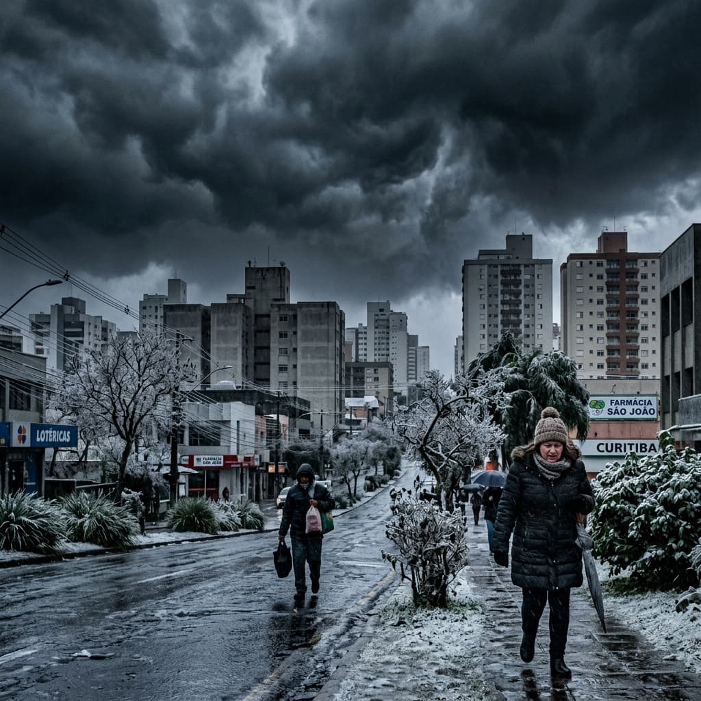 Tempestade sobre cidade do Sul do Brasil – ciclone bomba maio 2026 frio extremo geada vento alerta meteorológico