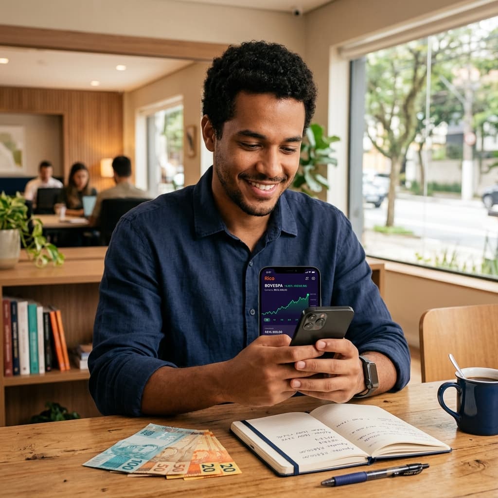 Jovem brasileiro com smartphone mostrando gráfico de investimento e notas de real – como investir do zero 2026 renda fixa iniciante