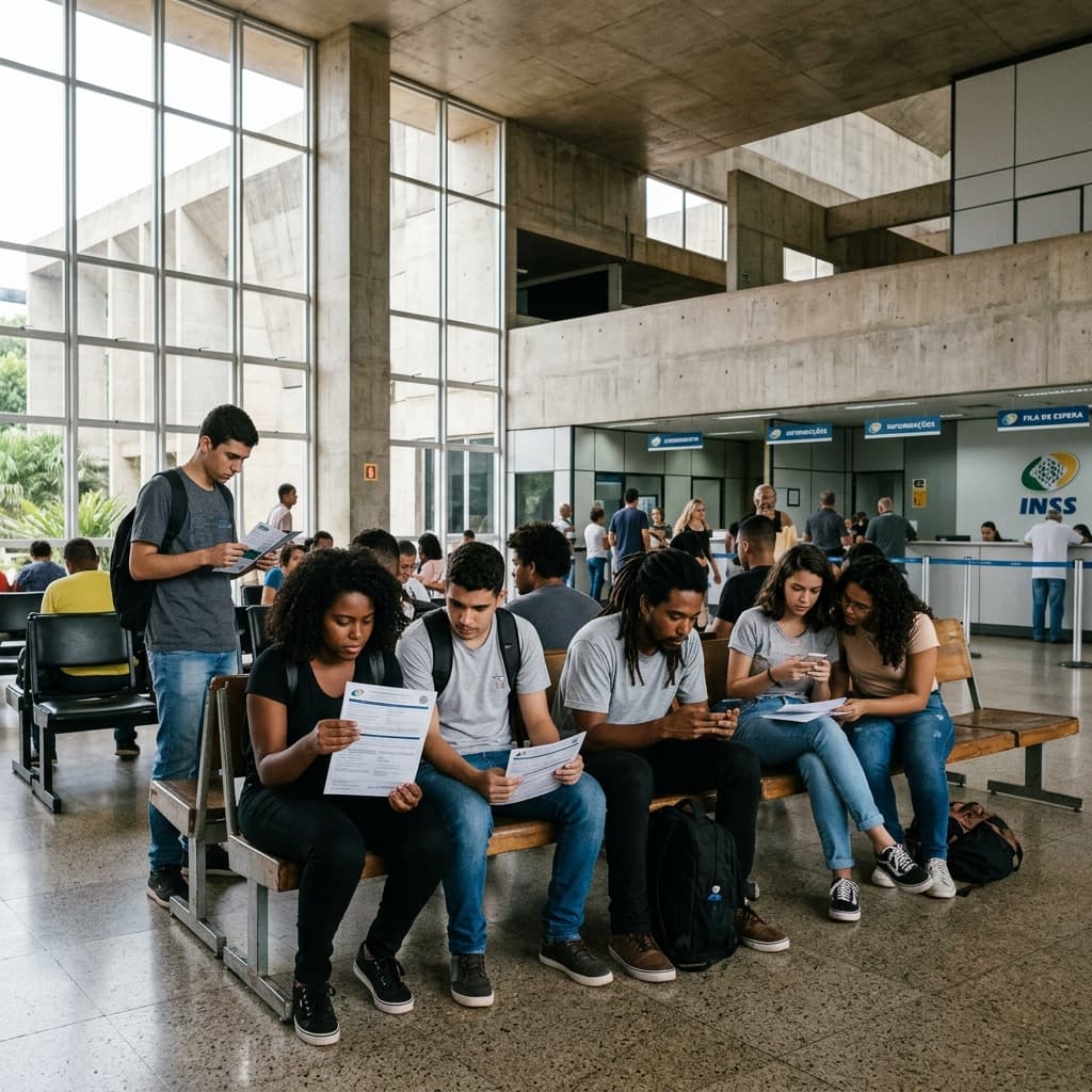 Candidatos jovens em frente a prédio do INSS consultando smartphones — concurso INSS 2026 vagas edital inscrição salário