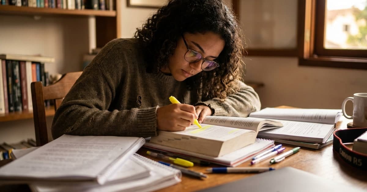 Jovem adulto brasileiro concentrado estudando para concurso publico em uma mesa cheia de livros, marca-textos e anotacoes, expressao determinada, luz natural quente