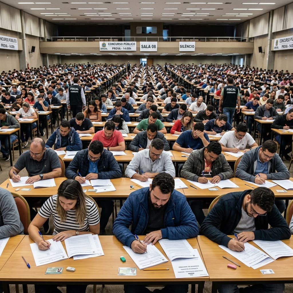 Candidatos fazendo prova de concurso público 2026 em auditório – inscrições abertas PF Receita Federal INSS bancos públicos vagas salários