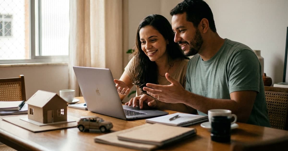 Casal brasileiro em casa planejando uma compra grande olhando o notebook com a maquete de uma casa e um carro sobre a mesa, expressao esperancosa, luz natural da janela