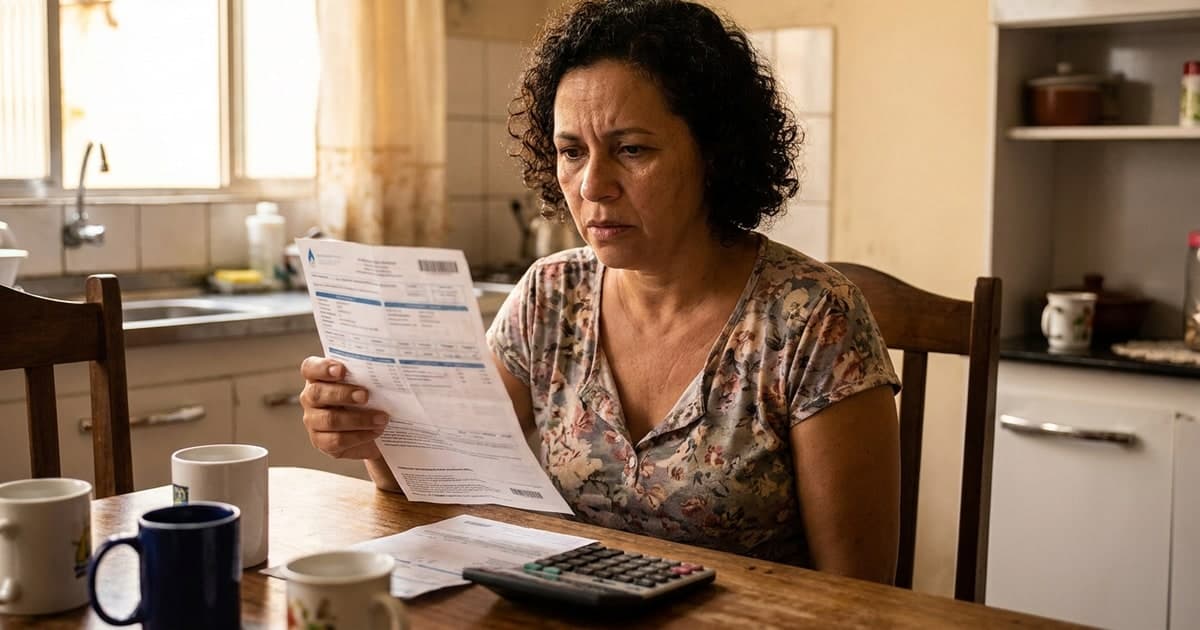 Mulher brasileira analisando a conta de luz em casa com expressão preocupada – conta de luz 2026 bandeira tarifária tarifa social como economizar energia