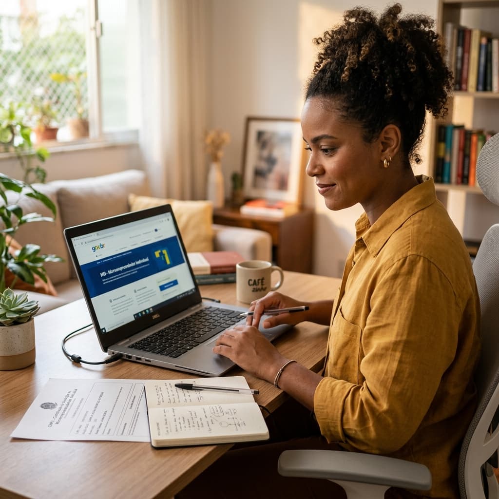 Empreendedor MEI no computador acessando portal do governo – DASN-SIMEI 2026 declaração anual MEI prazo 31 maio como fazer