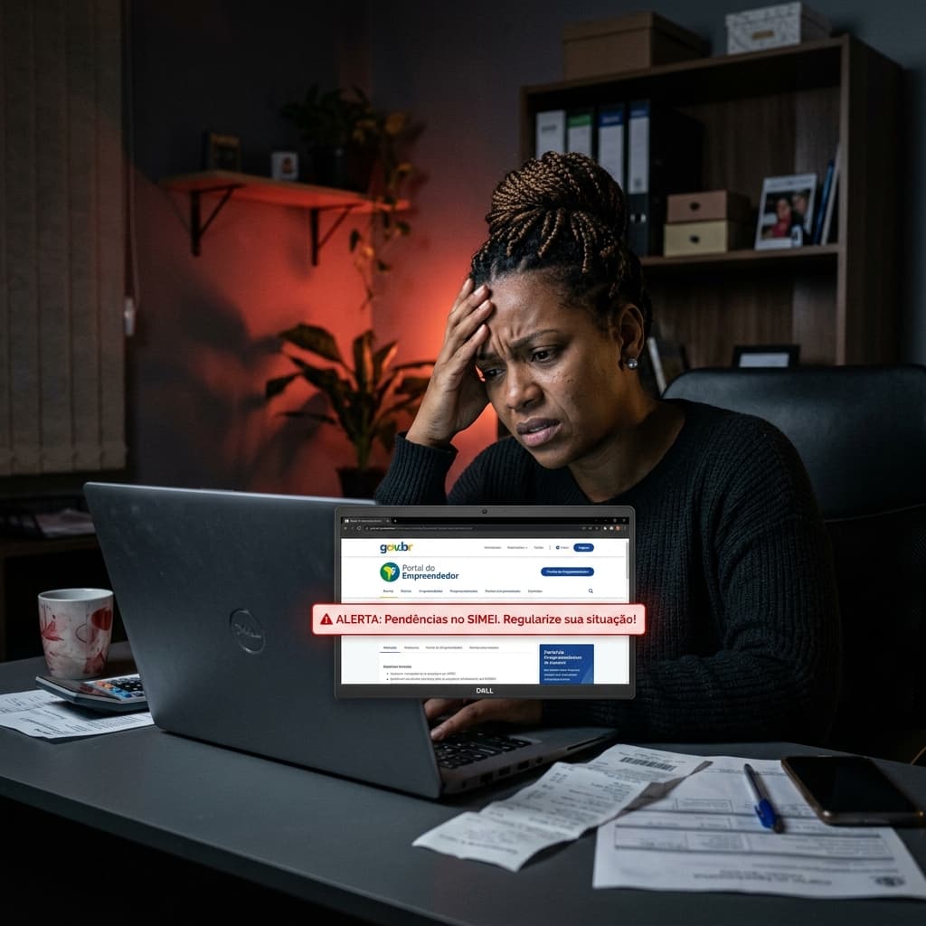 Microempreendedor individual estressado diante de laptop com prazo DASN-SIMEI 2026 expirando – CNPJ cancelamento MEI 31 de maio