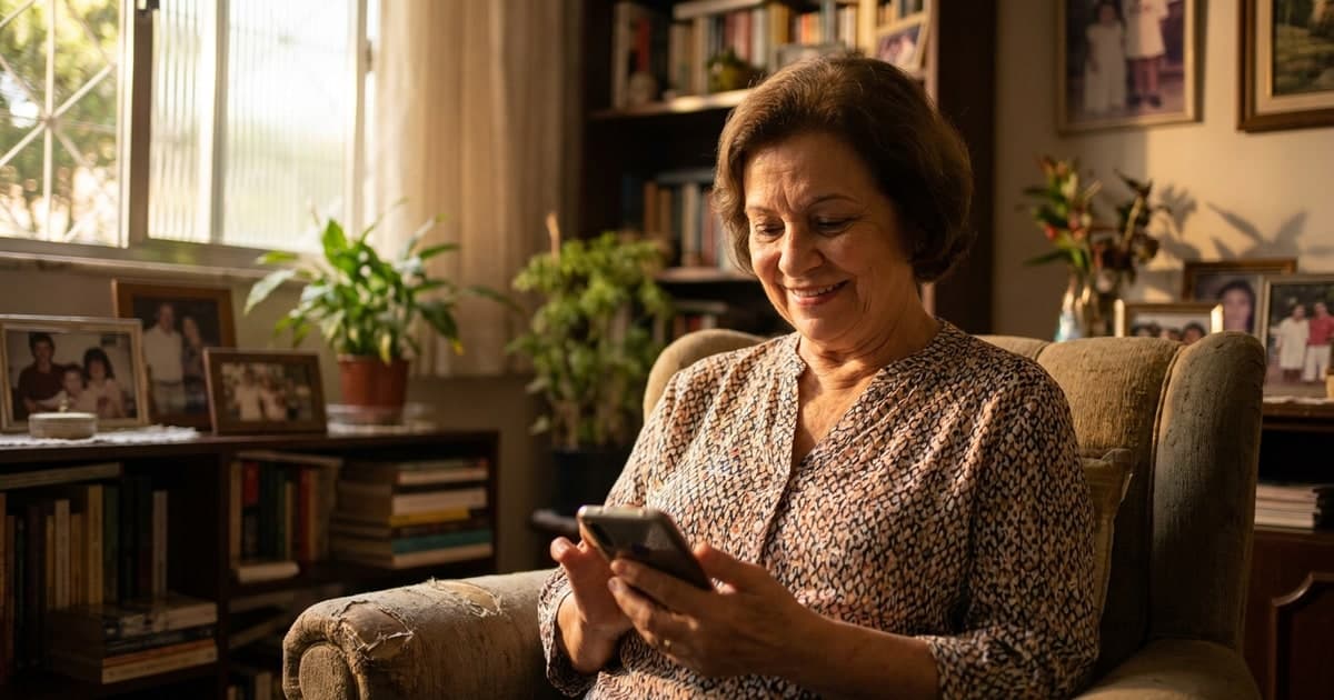 Aposentada brasileira sorrindo ao conferir o pagamento do 13º do INSS pelo celular na sala de casa, com luz natural pela janela