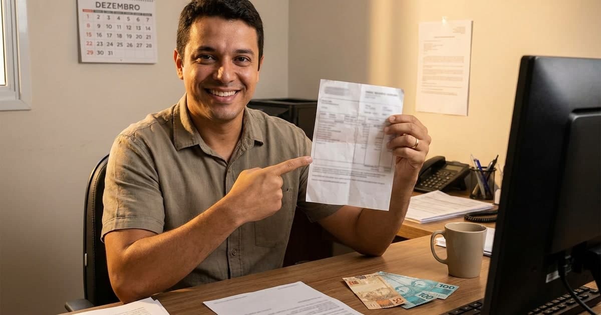 Trabalhador brasileiro feliz segurando contracheque do 13º salário com calendário de dezembro ao fundo