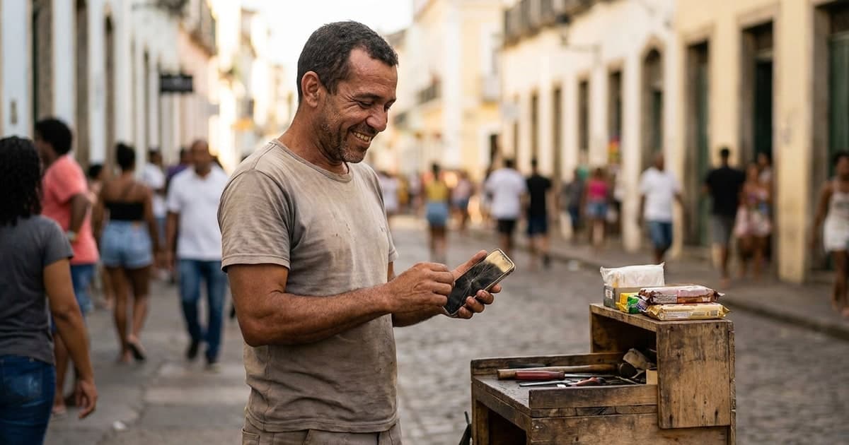 Trabalhador informal brasileiro de uns 35 anos sorrindo aliviado enquanto olha o celular na rua, ao lado de sua banca de trabalho, luz natural do dia