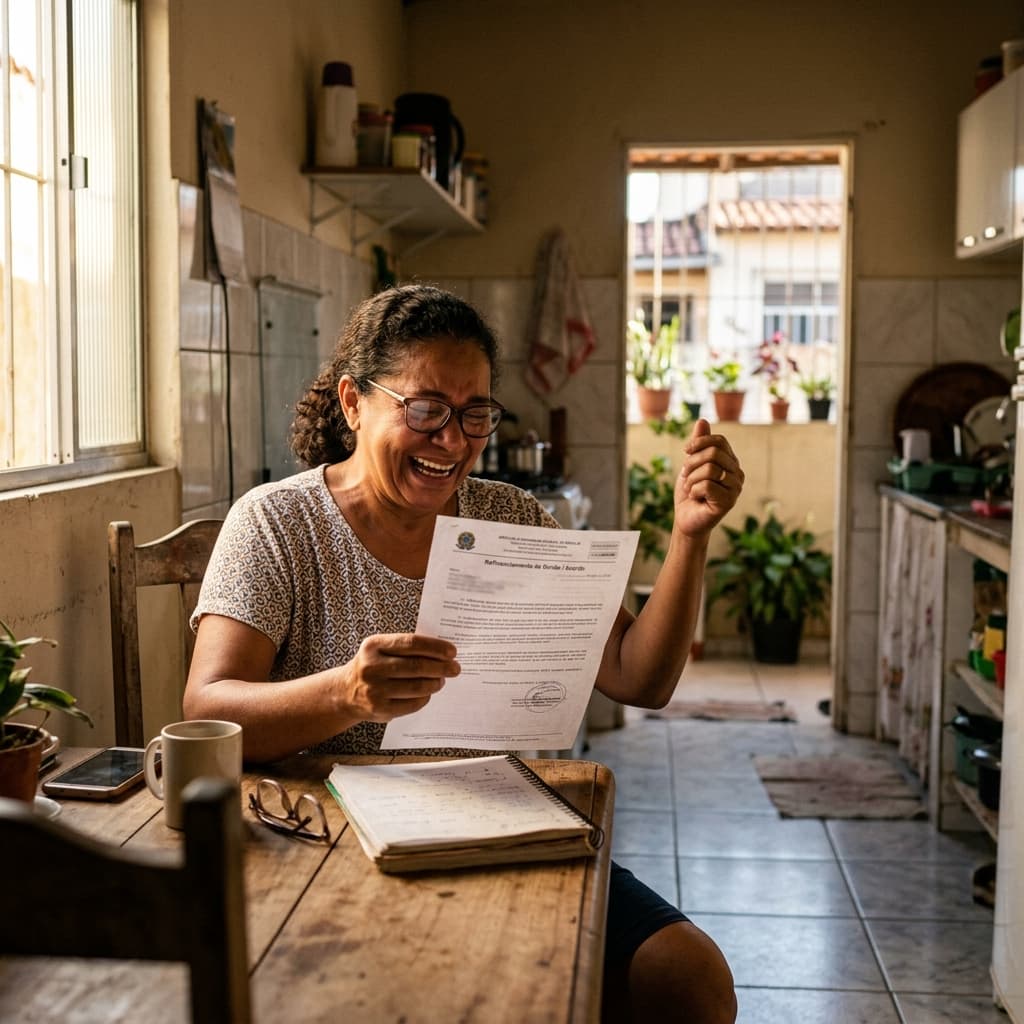 Brasileiro celebrando alívio financeiro com carta de renegociação de dívida — Desenrola Brasil 2.0 2026 como funciona inscrição desconto