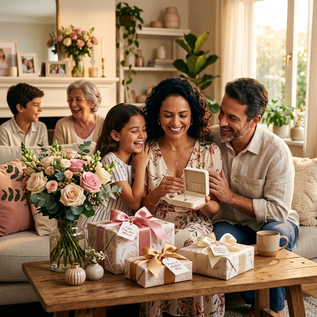 Presentes embrulhados com flores para o Dia das Mães 2026 – domingo 10 maio melhores presentes orçamento economia