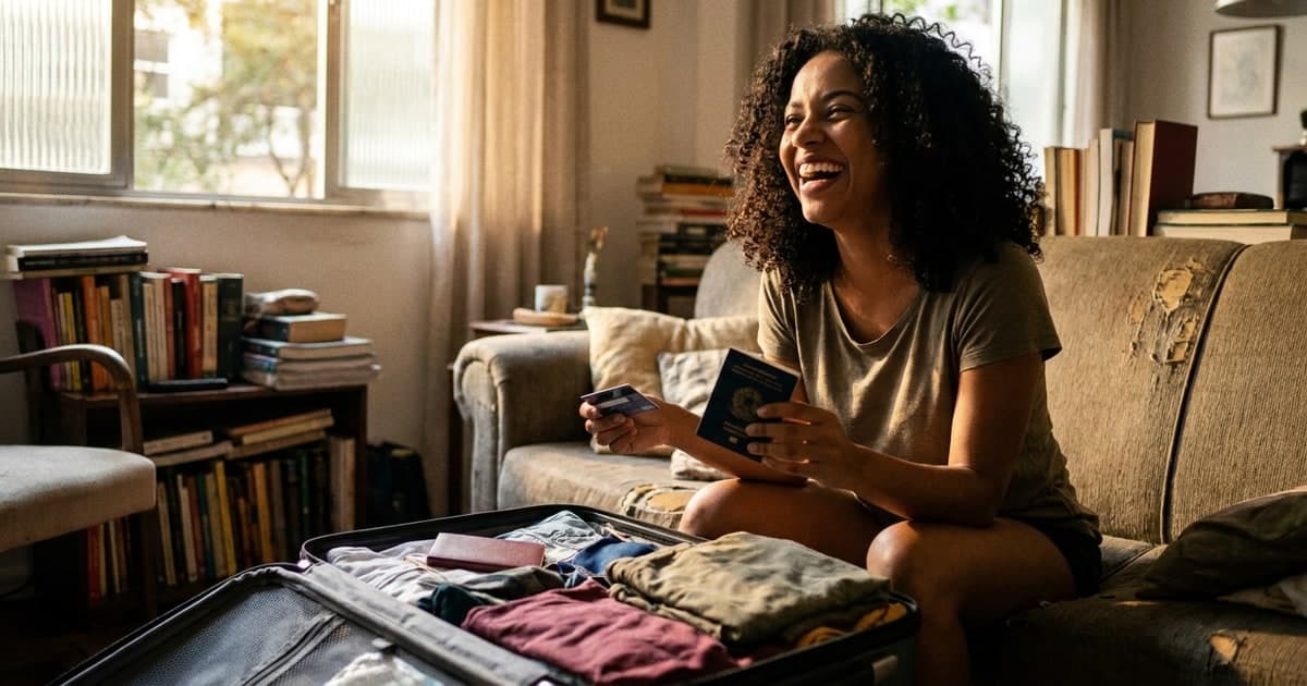 Jovem brasileira em casa preparando viagem internacional, segurando passaporte e cartao ao lado de mala aberta, expressao animada, luz natural