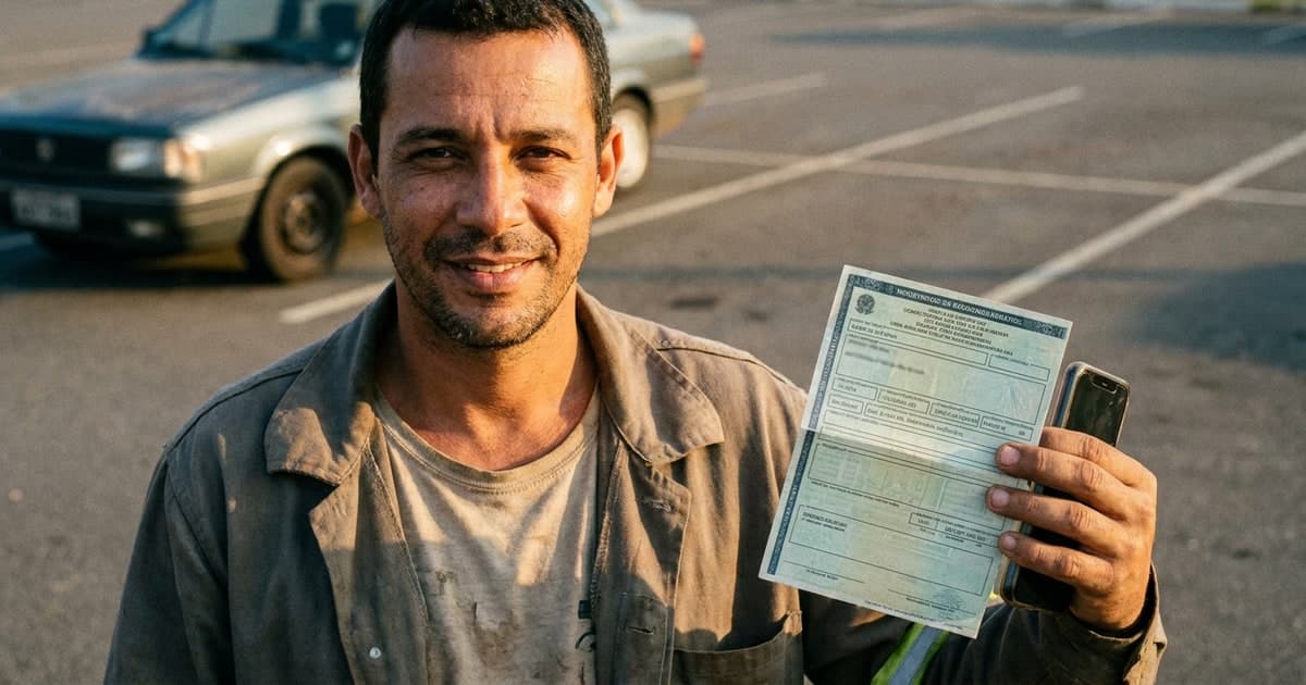 Motorista brasileiro tranquilo segurando documento do carro e celular, conferindo que nao ha cobranca de DPVAT em 2026, carro ao fundo desfocado, luz natural