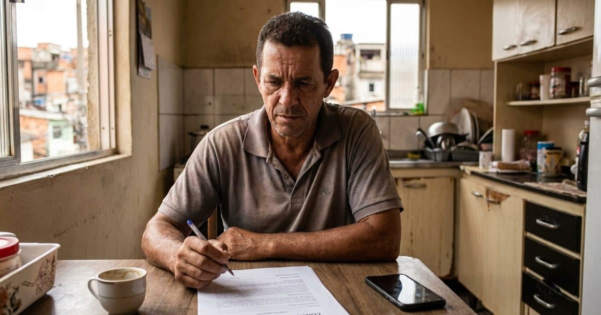 Homem brasileiro de cerca de 50 anos lendo com atenção um contrato de empréstimo na mesa de casa – empréstimo consignado 2026 taxas margem Crédito do Trabalhador
