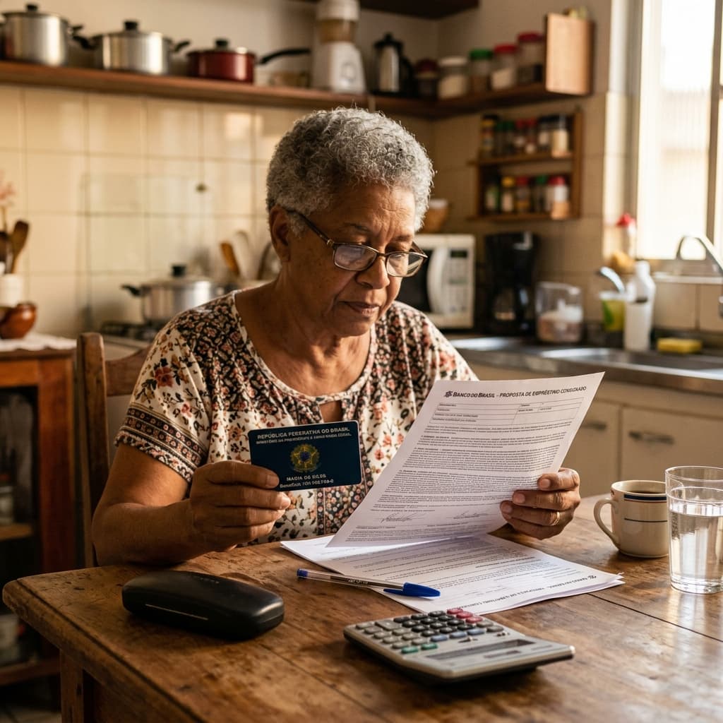 Aposentado brasileiro lendo documento de empréstimo com cartão INSS e calculadora – empréstimo consignado 2026 taxa quem tem direito
