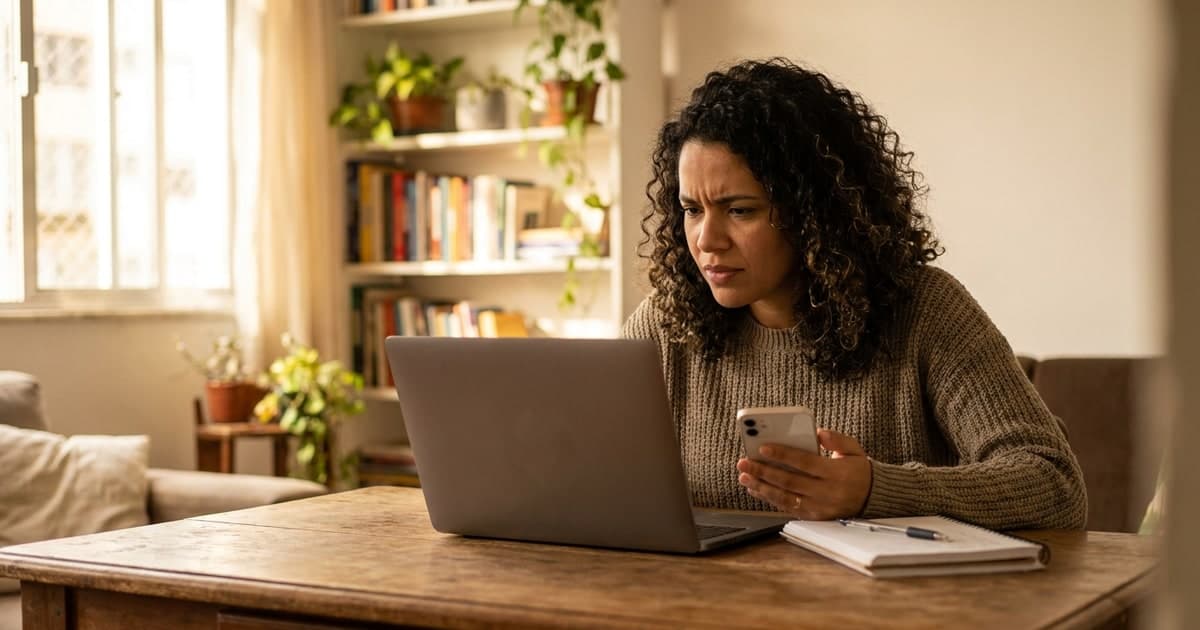Mulher brasileira em casa comparando opcoes de emprestimo no celular e no notebook, com caderno de anotacoes na mesa, expressao atenta e cuidadosa, luz natural