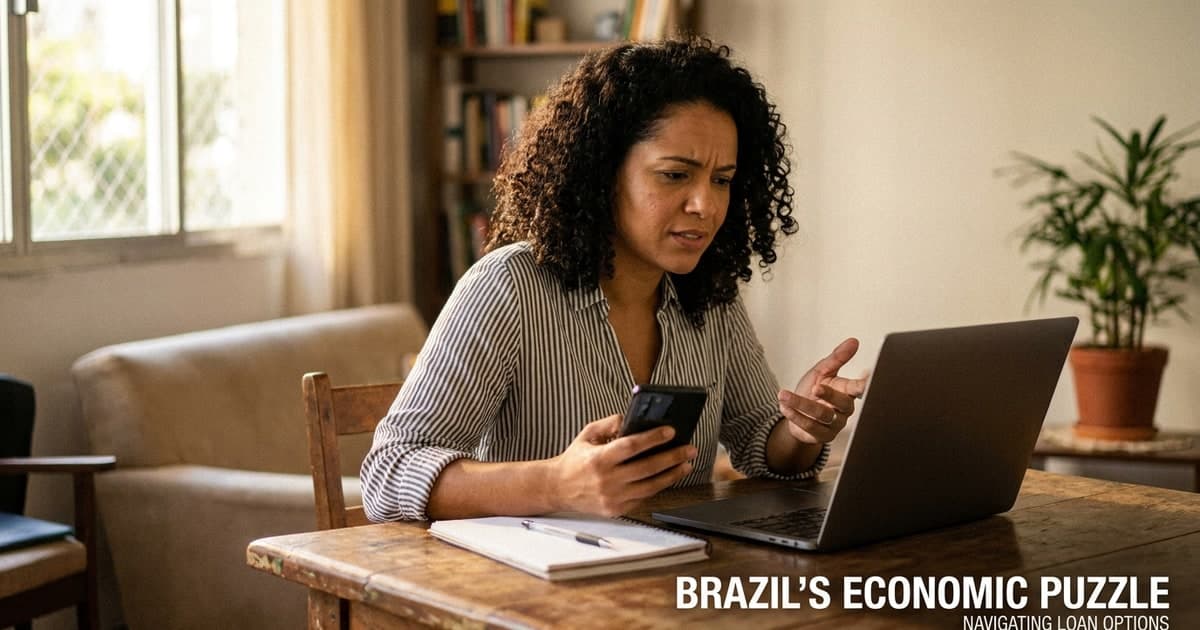 Mulher brasileira em casa comparando opcoes de emprestimo no celular e no notebook, com caderno de anotacoes na mesa, expressao atenta e cuidadosa, luz natural