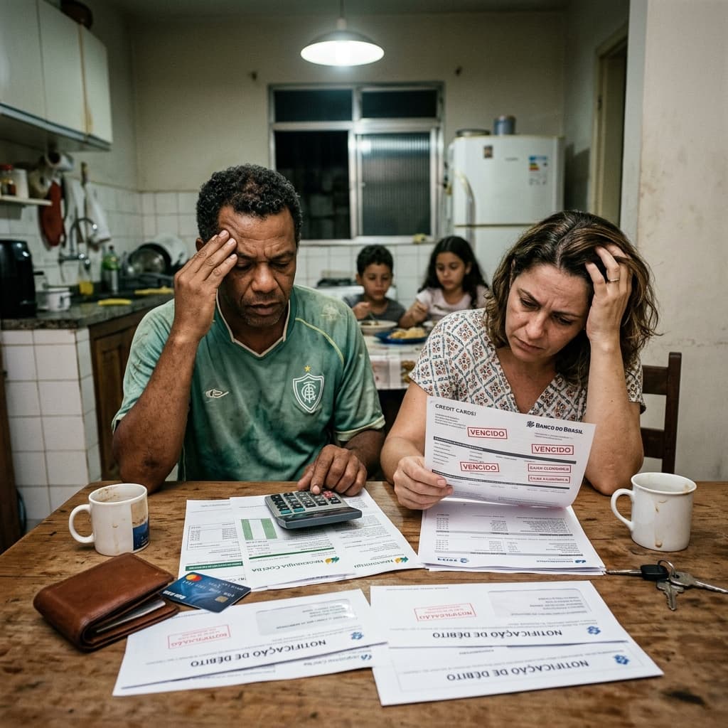 Família brasileira preocupada com contas e dívidas em casa – endividamento 65% famílias 2026 cartão crédito como sair das dívidas
