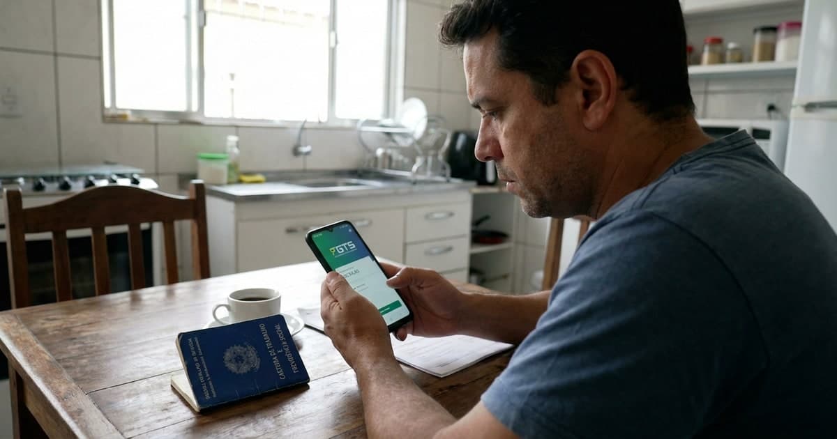 Trabalhador brasileiro conferindo saldo do FGTS no aplicativo do celular, carteira de trabalho azul sobre a mesa, expressao concentrada e planejamento financeiro
