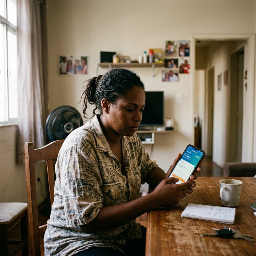Smartphone com app FGTS Caixa Econômica Federal e notas de real – FGTS 2026 guia completo o que é quanto rende quando sacar