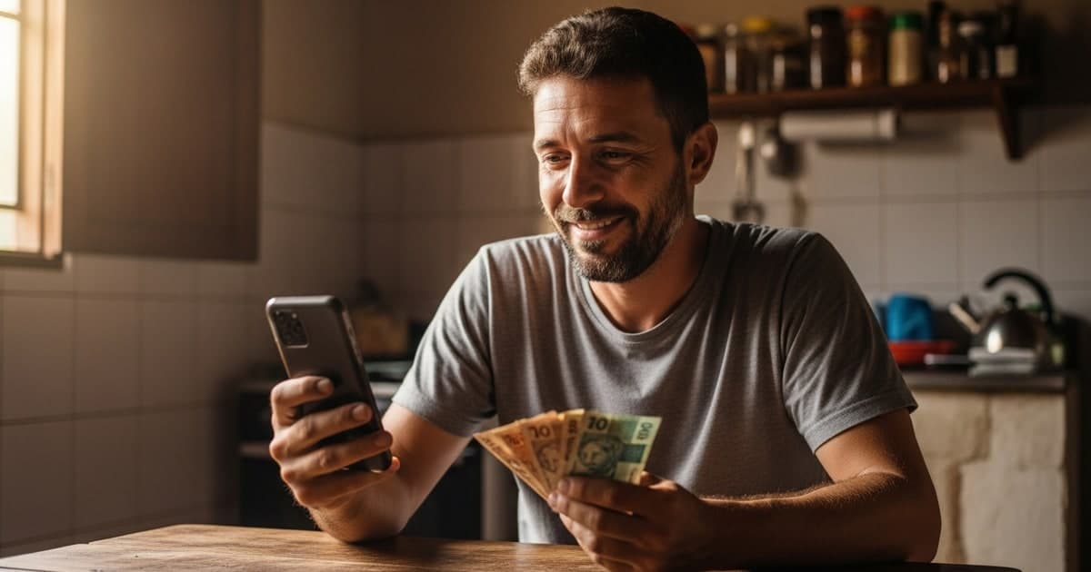 Trabalhador brasileiro consultando o app FGTS da Caixa no celular com notas de real sobre a mesa — saque-aniversário FGTS junho 2026 calendário quem pode sacar quanto recebe prazo 30 de junho