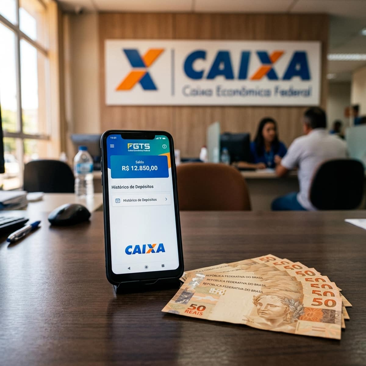 Smartphone com app FGTS Caixa e notas de real sobre mesa – FGTS saque aniversário maio 2026 quando cai como consultar saldo calendário