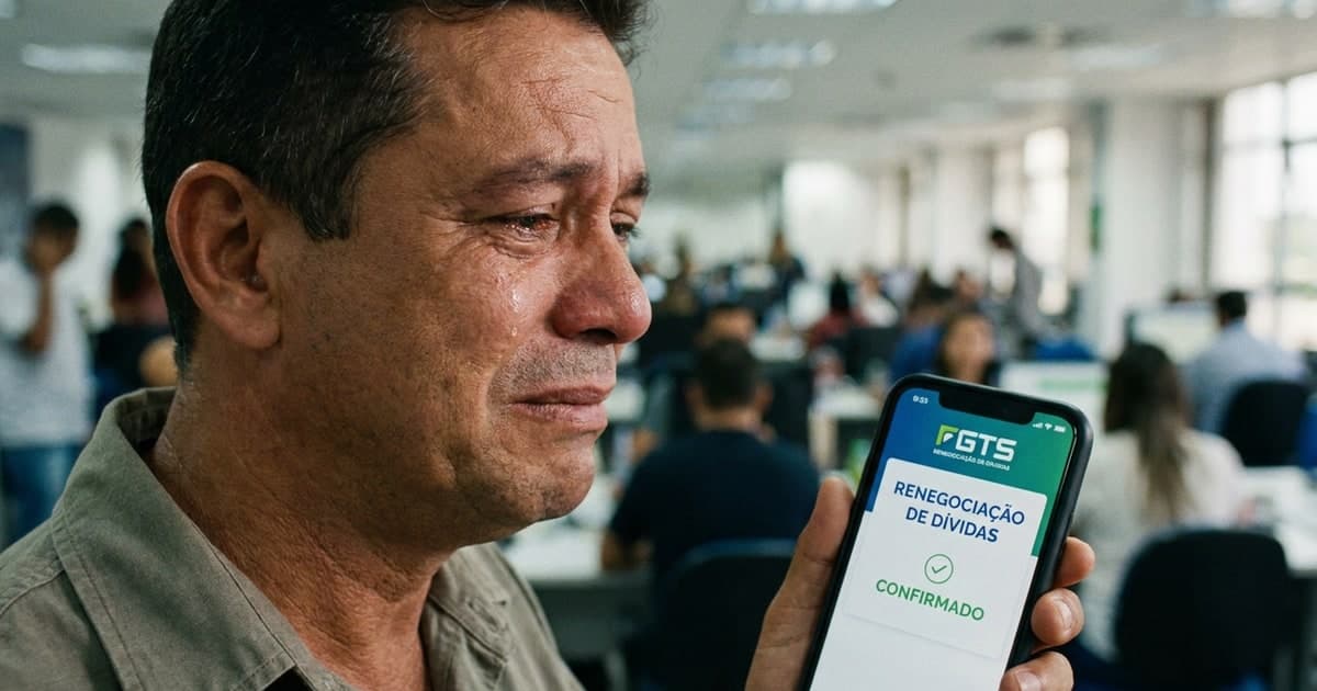 Trabalhador brasileiro usando celular com aplicativo FGTS aberto para renegociar dividas bancarias, expressao de alivio financeiro em fundo desfocado de escritorio