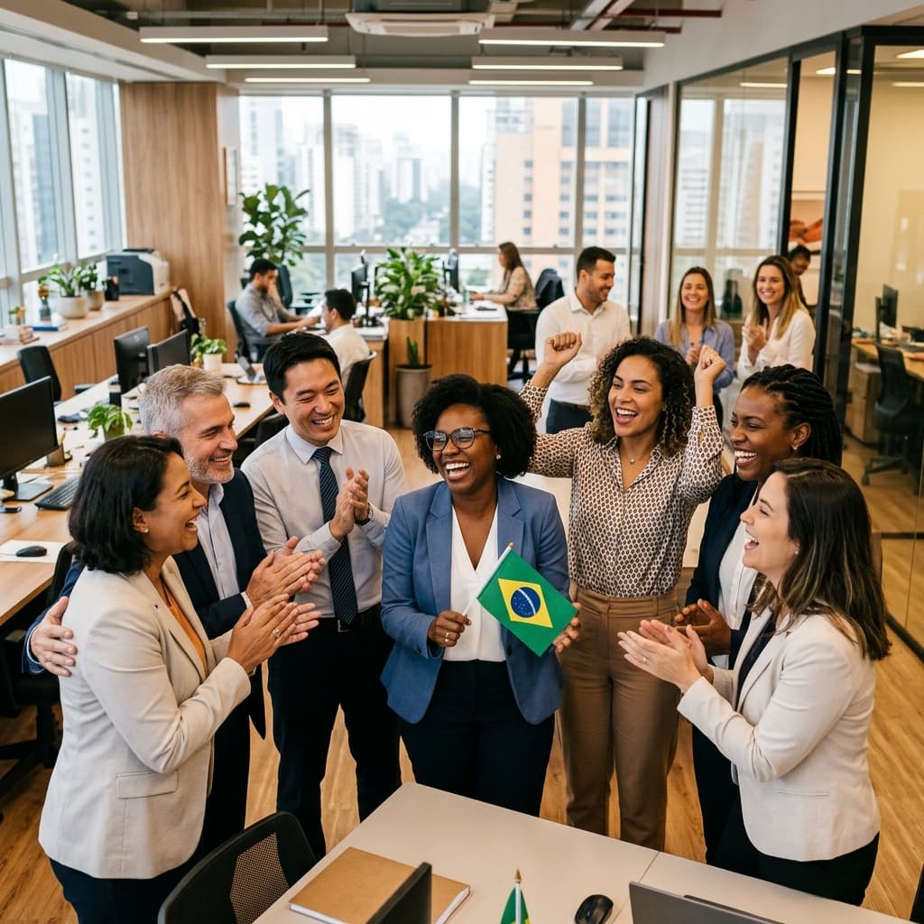 Profissionais brasileiros em ambiente corporativo moderno comemorando conquista de direitos trabalhistas — fim escala 6x1 PEC jornada 36 horas 2026