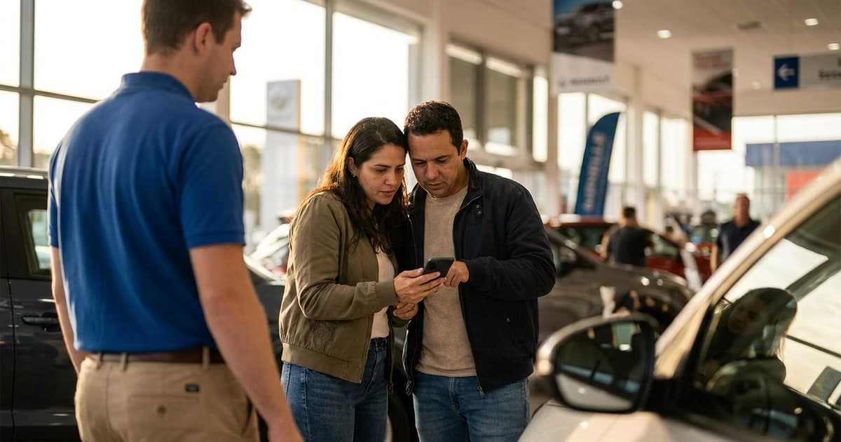 Casal brasileiro em uma concessionaria conversando com vendedor ao lado de um carro, analisando a simulacao de financiamento no celular, expressao atenta, luz natural